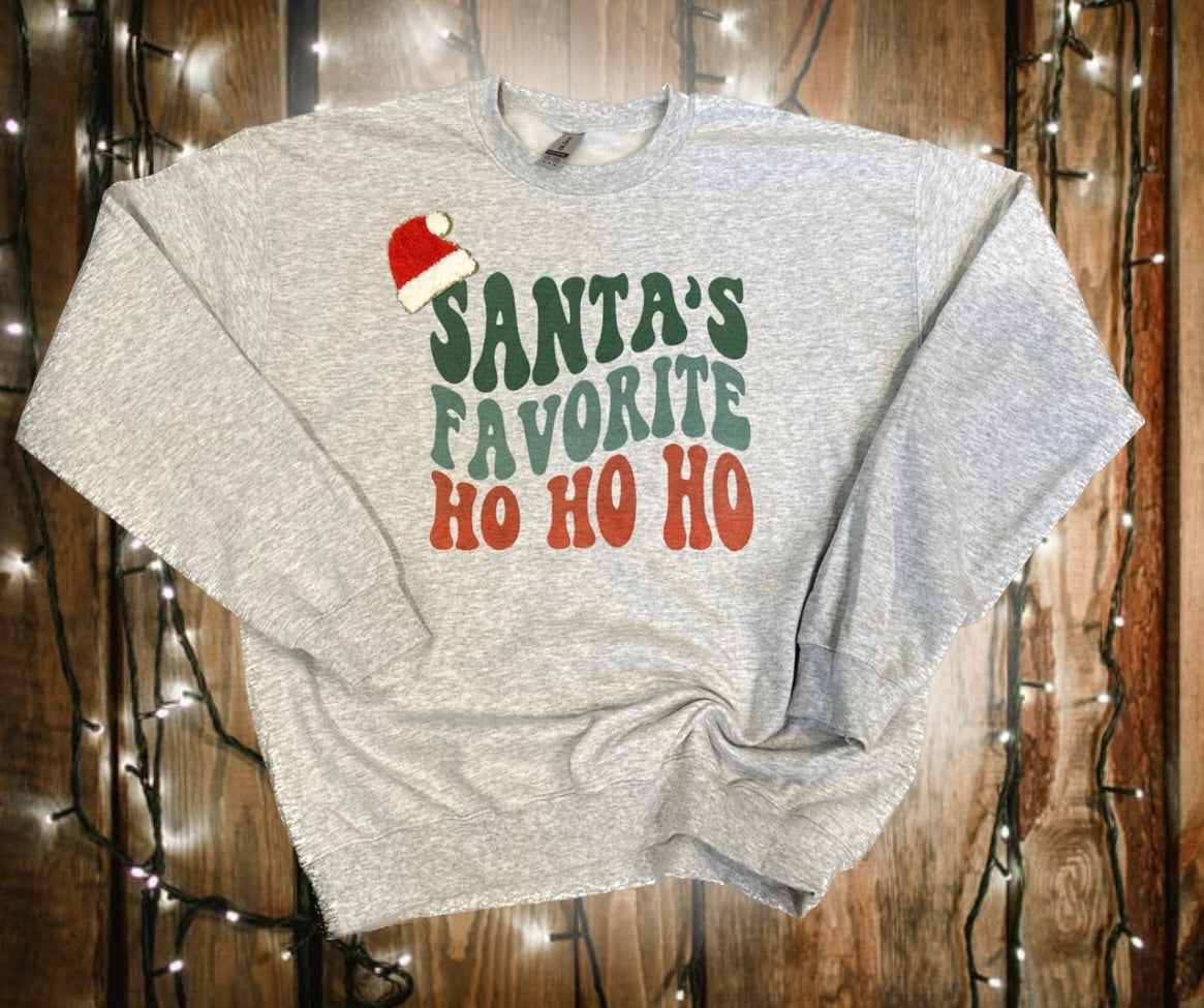 SANTA’S FAVORITE CREWNECK WITH CHENILLE PATCH HAT