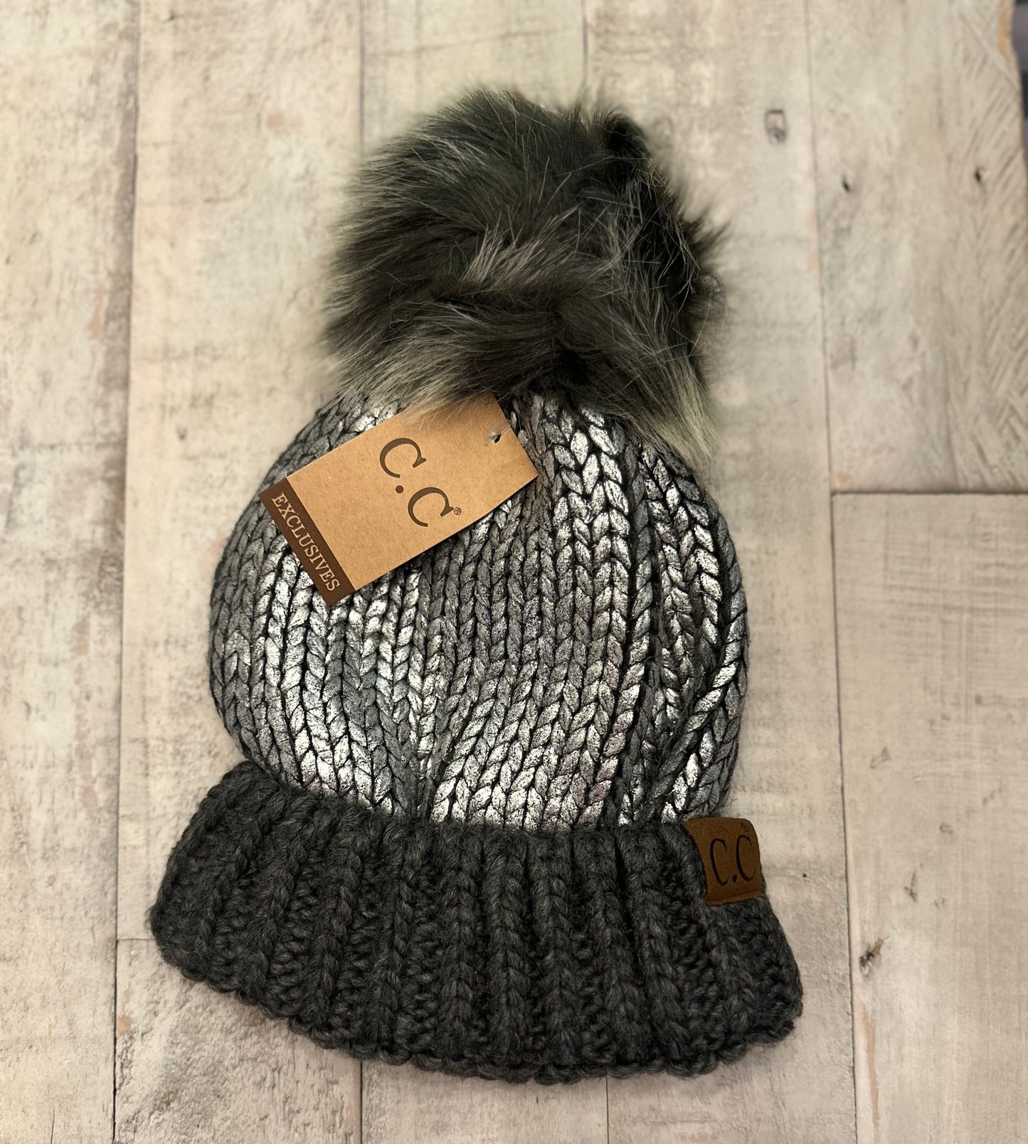 SILVER METALLIC FOIL KNIT CUFF FAUX FUR POM BEANIE