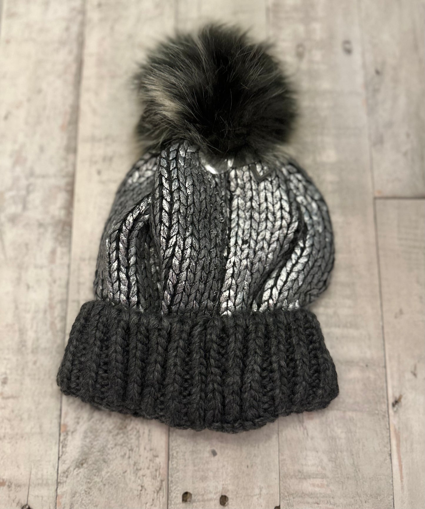 SILVER METALLIC FOIL KNIT CUFF FAUX FUR POM BEANIE